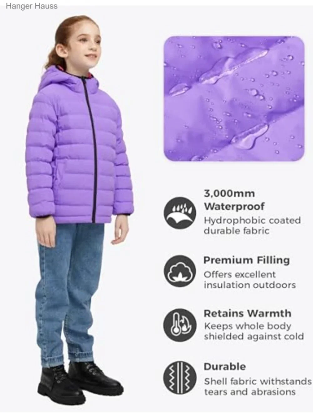 Girls' Winter Puffer Coat Waterproof Insulated Hooded Jacket with Zipper Pockets